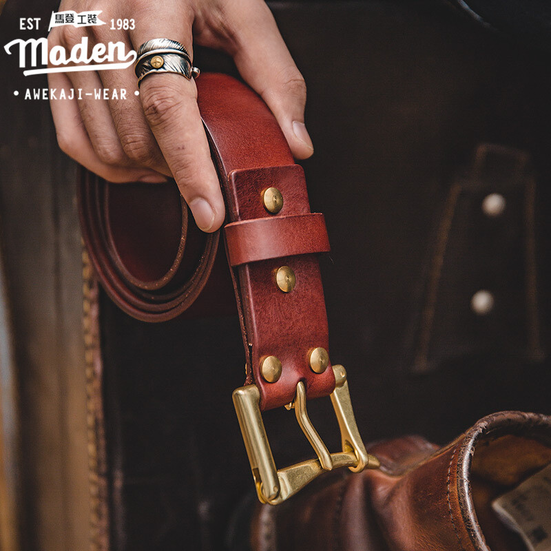 Maden brand tooling style men's young tough guy leather belt American retro top layer planted leather convenient belt Ami khaki firefighter top layer leather belt